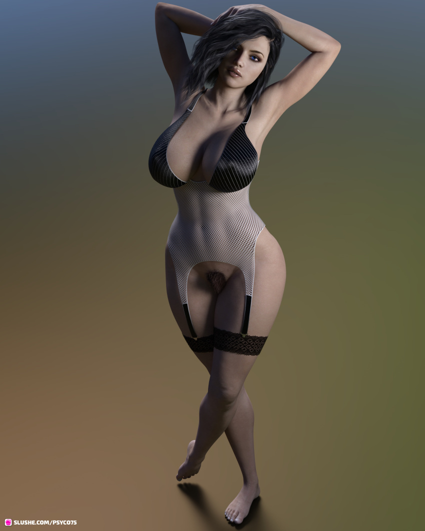 1girls 3d anna_(psyco75) arms_up black_hair black_pubic_hair clothed clothing female female_only garter_straps huge_breasts looking_at_viewer original original_character pinup psyco75 pubic_hair simple_background slushe_(website) solo solo_female standing wide_hips