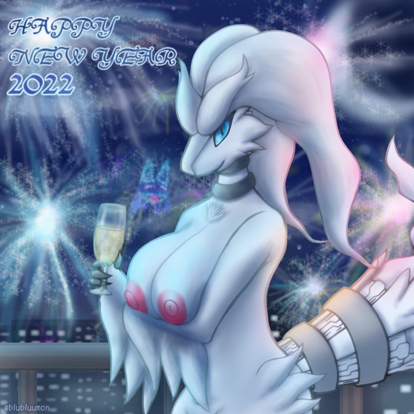 absurd_res alcohol anthro balcony beverage blubluumon blue_eyes breast_grab breasts champagne container cup dragon female fireworks fur glass glass_container glass_cup hand_on_breast hi_res holding_breast holidays legendary_pokémon looking_at_viewer moon new_year new_year_2022 night nintendo nipples pokémon_(species) pokemon reshiram smile smiling_at_viewer solo video_games white_body white_fur