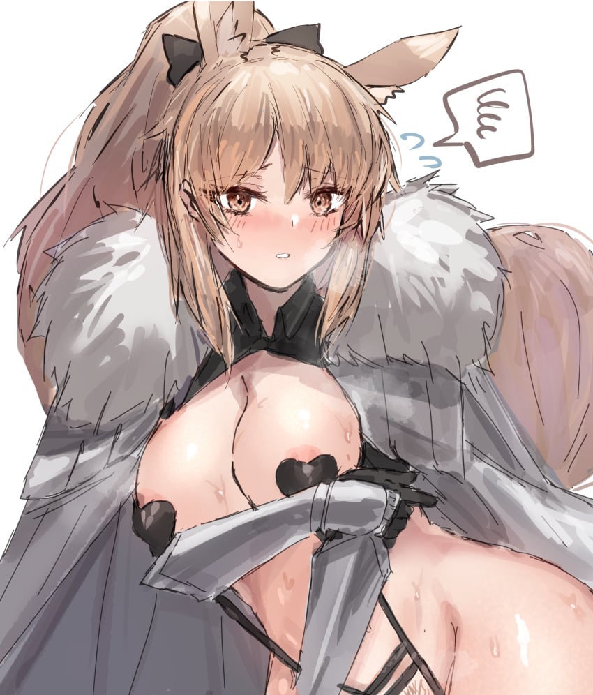 absurdres areola_slip areolae arknights arm_guards bangs black_gloves black_heart_pasties black_leotard black_pasties blemishine_(arknights) blush breasts breasts_out brown_eyes cape eyebrows_visible_through_hair female female_pubic_hair flying_sweatdrops fur-trimmed_cape fur_trim gloves grey_cape heart_pasties heavy_breathing highleg highleg_leotard highres horn/wood horse_girl horse_tail large_breasts leotard long_hair looking_at_viewer nose_blush pasties ponytail pubic_hair pubic_hair_peek raw_egg_lent sidelocks simple_background solo speech_bubble spoken_squiggle squiggle sweat tail very_long_hair white_background