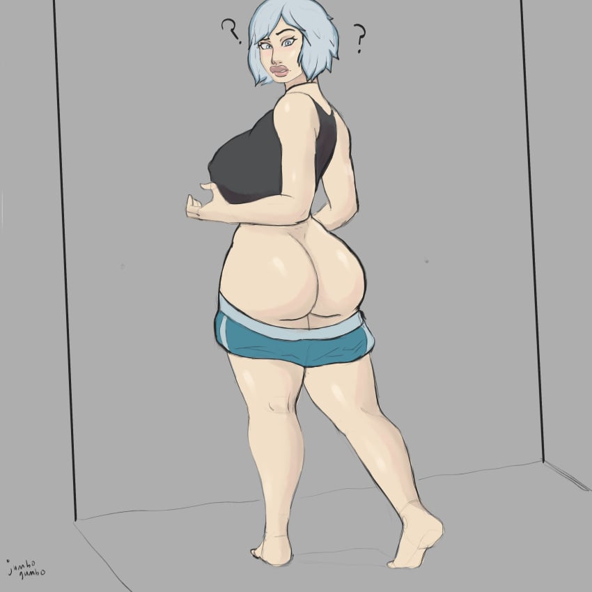 ? albino basic_background black_tank_top blue_shorts confused female_only half-dressed huge_breasts huge_butt huge_lips iana_(rainbow_six) jumbogumbo large_ass rainbow_six rainbow_six_siege voluptuous wardrobe_malfunction white_eyes white_hair