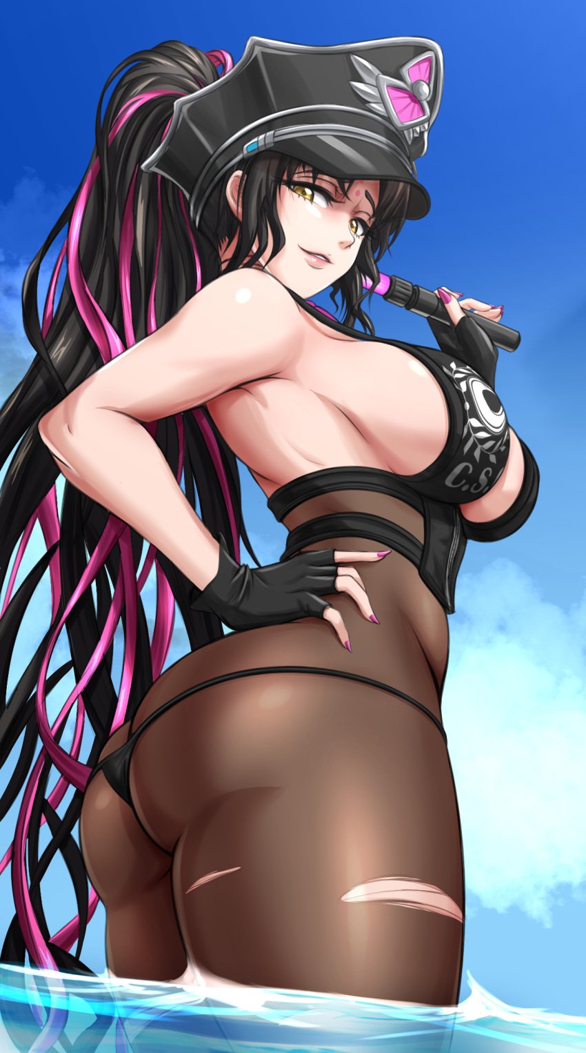 1girls 2022 baton black_hair bodystocking breasts fate/grand_order fate_(series) feet_out_of_frame female female_only hat hi_res hips huge_breasts long_hair looking_at_viewer looking_back_at_viewer police_hat ponytail sesshouin_kiara sesshouin_kiara_(swimsuit_mooncancer)_(fate) slim_waist swimsuit thick_thighs thighs traffic_baton water wide_hips yellow_eyes zantyarz