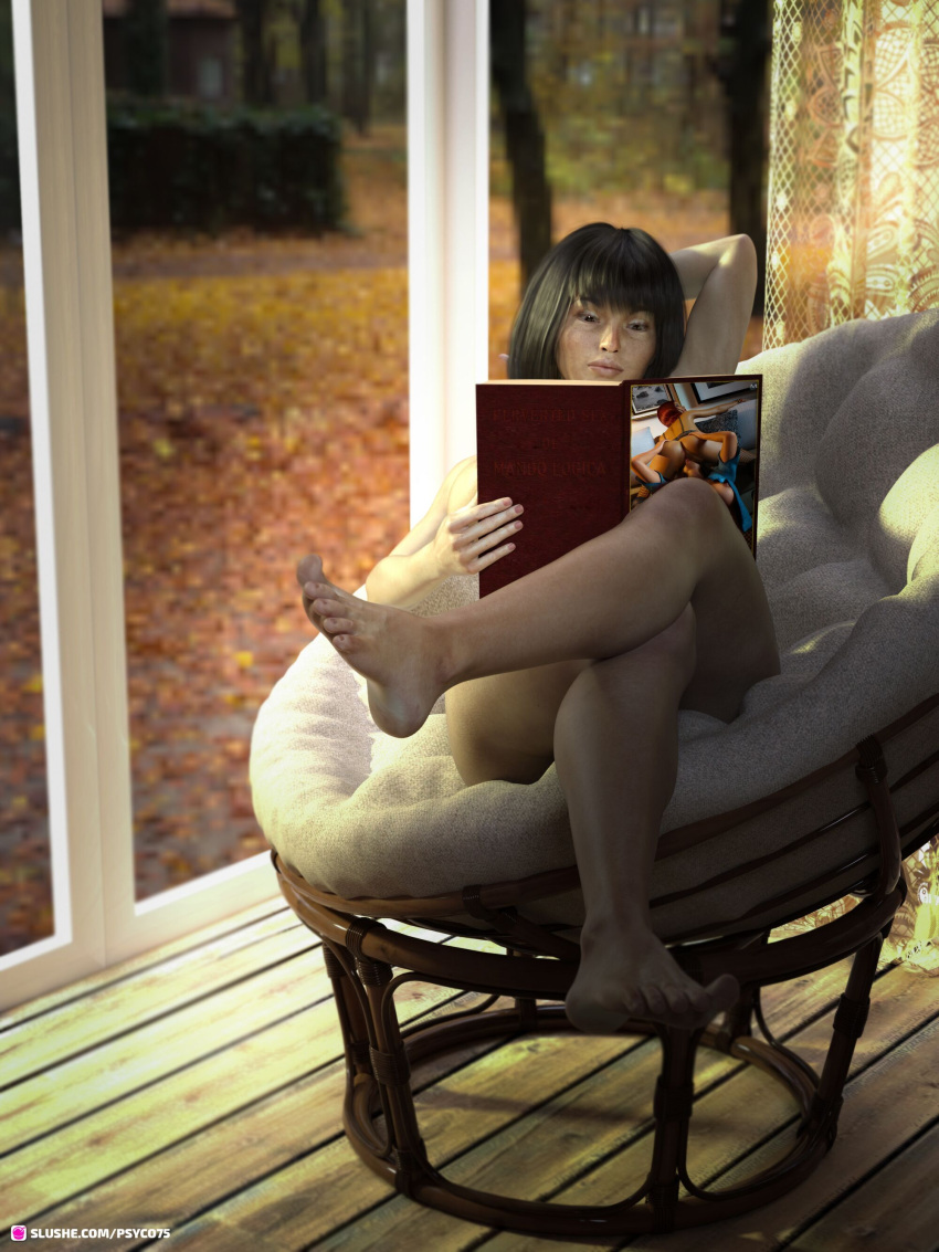 1girls 3d black_hair bob_cut book female female_only indoors pinup pornography psyco75 short_hair slushe_(website) solo window