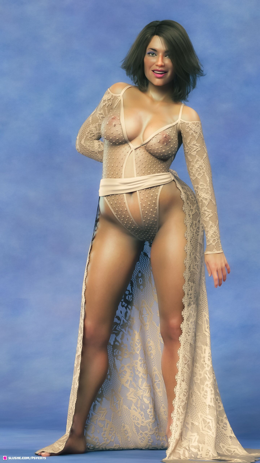 1girls 3d black_hair cristine_(psyco75) female female_only large_breasts looking_at_viewer medium_hair original original_character pinup psyco75 see-through see-through_clothing simple_background slushe_(website) smile solo solo_female standing wide_hips