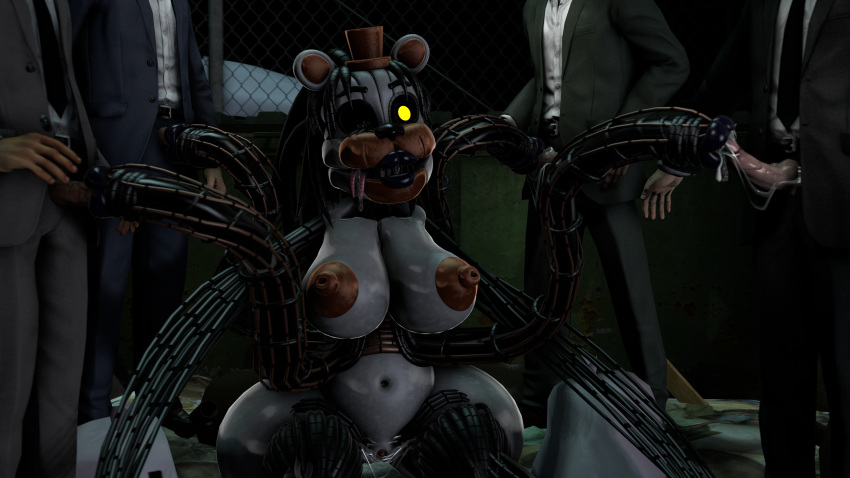 3d animatronic blowjob breasts breasts_out five_nights_at_freddy's male molten_freddy multi_arm multi_limb multi_mouth multiple_blowjob multiple_boys on_knees pussy pussy_juice rule_63 saliva_on_penis saliva_on_tongue saliva_trail solo_female tentacle tongue tongue_out