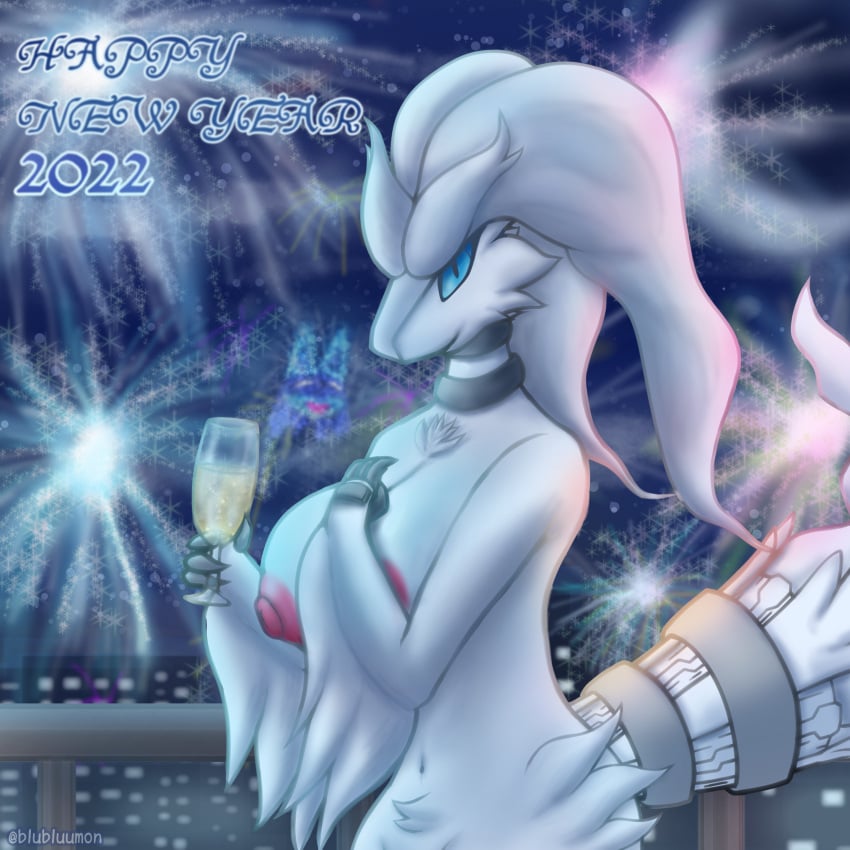 absurd_res alcohol anthro balcony beverage blubluumon blue_eyes breast_grab breasts champagne container cup dragon female fireworks fur glass glass_container glass_cup hand_on_breast hi_res holidays legendary_pokémon looking_at_viewer moon new_year new_year_2022 night nintendo nipples pokémon_(species) pokemon reshiram smile smiling_at_viewer solo video_games white_body white_fur