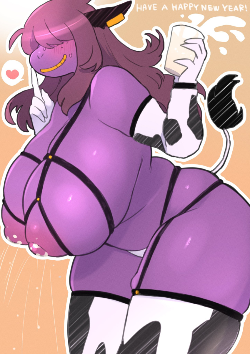 1girls anthro areola armwear bare_shoulders big_areola big_breasts blush bodily_fluids breastless_clothes breasts brown_hair clothing cow_ears cow_print_gloves cow_print_thighhighs cow_tail cowboy_shot curvy deltarune ear_tag elbow_gloves english_text exposed_breasts female garter_straps glass_of_milk gloves hair_over_eyes handwear happy_new_year heart hi_res huge_breasts lactating lactation leaning_forward leggings legs_together legwear long_hair milk milk_squirt nipples panties puffy_areolae purple_body purple_skin scalie simple_background skindentation smile smirk solo standing stockings susie_(deltarune) sweatdrop tail_tuft text thighhighs tuft underchikichan undertale_(series) underwear video_games white_outline