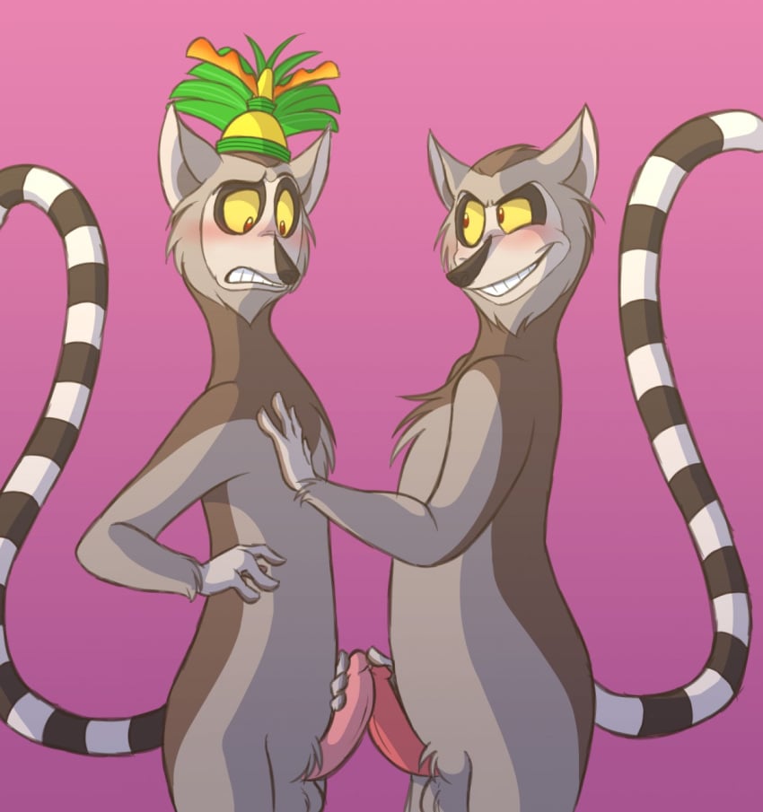 2boys all_hail_king_julien anthro blush dreamworks furry hand_on_chest hat king_julien ladysomnambule lemur long_hair madagascar_(series) magic_steve male male_only netflix purple_background red_eyes striped_tail touching_penis yellow_sclera