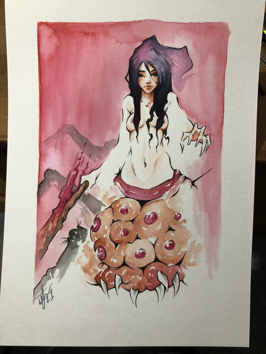 1girls arachne black_eyes black_hair chaos_witch_quelaag dark_souls demon demon_girl exposed_nipples fire fromsoftware hair_over_breasts long_hair long_nails monster_girl nude ponytail red_eyes sefsins_art smile spider spider_girl teeth topless watercolor_(artwork) watercolor_painting