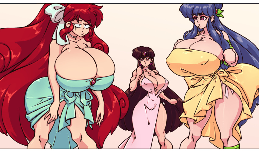 2021 3girls alternate_breast_size amazon black_hair bow cleavage clothing color dress dress_up female female_only gigantic_breasts huge_breasts large_breasts long_hair multiple_girls n647 nipple_bulge purple_hair ranma-chan ranma_1/2 ranma_saotome red_hair scene_interpretation shampoo_(ranma_1/2) size_difference tagme thick_thighs thin_waist ukyo_kuonji voluptuous