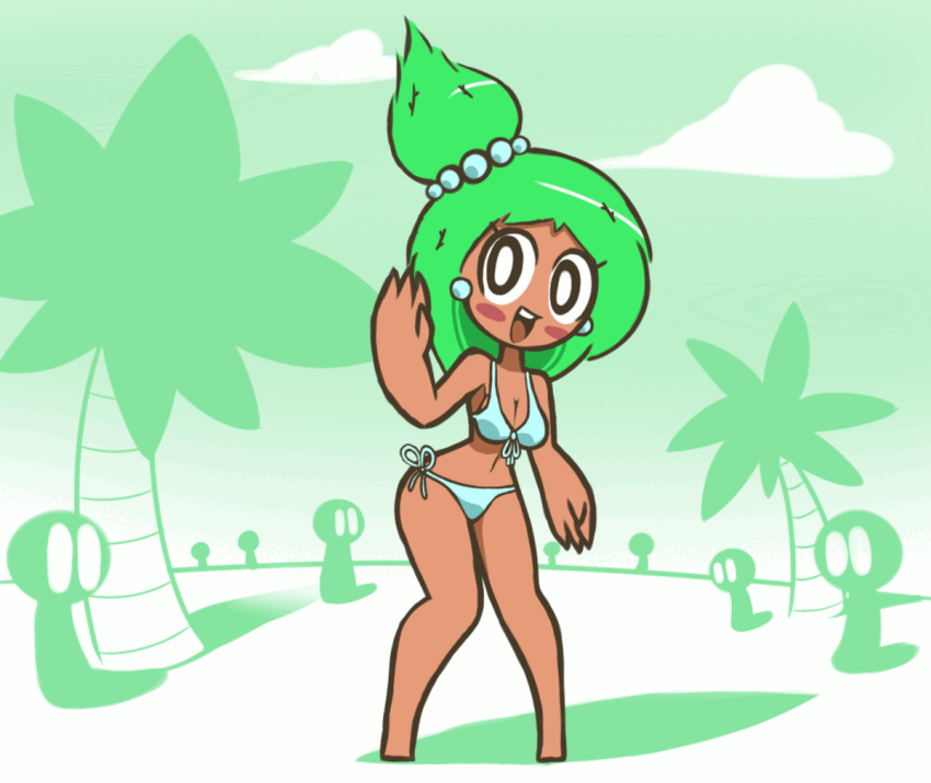 animated anthro beach bikini blush blushing breasts classic_enf_pose cloud embarrassed embarrassed_nude_female enf female female_focus female_only flora_fauna green_hair june_(screwroot) knees_together_feet_apart looking_at_viewer navel oc open_mouth original_character palm_tree pearl_earrings pigeon-toed public screwroot shadow smile standing suddenly_naked tagme tiptoes waving waving_at_viewer