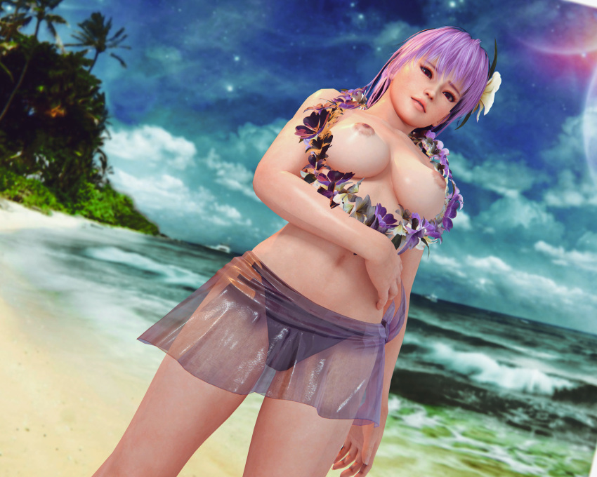 1girls 3d ayane_(doa) beach busty da-moment dead_or_alive female female_only purple_hair red_eyes solo tagme tecmo