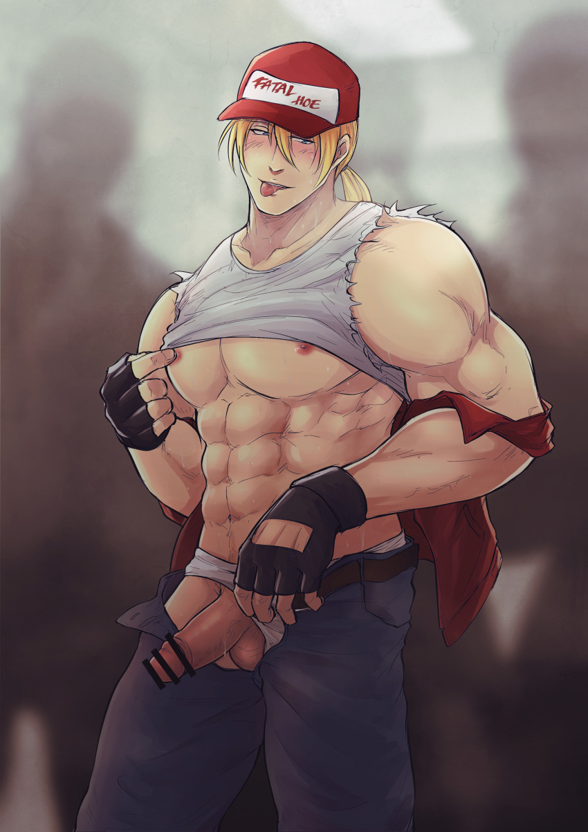 1boy :p abs absurdres bar_censor bara bare_pectorals baseball_cap belt blush censored clothes_lift clothing_aside crowd denim erection exhibitionism feet_out_of_frame hal_(harenchiou) hat highres jacket jacket_partially_removed jeans jockstrap king_of_fighters large_pectorals long_hair male_focus male_only male_underwear male_underwear_aside muscular muscular_male navel navel_hair nipple_tweak nipples pants pectorals ponytail public_indecency reward_available self_fondle shirt shirt_lift snk solo_focus stomach terry_bogard tongue tongue_out torn_clothes torn_shirt underpec underwear white_male_underwear