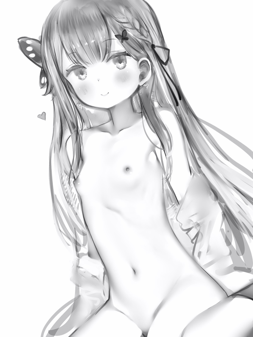 blush breasts butterfly_hair_ornament closed_mouth female greyscale hair_ornament heart highres hololive hololive_fantasy hololive_japan long_hair looking_at_viewer monochrome nanashi_(nlo) navel nipples nude open_clothes open_shirt simple_background sitting small_breasts smile solo uruha_rushia virtual_youtuber wariza white_background