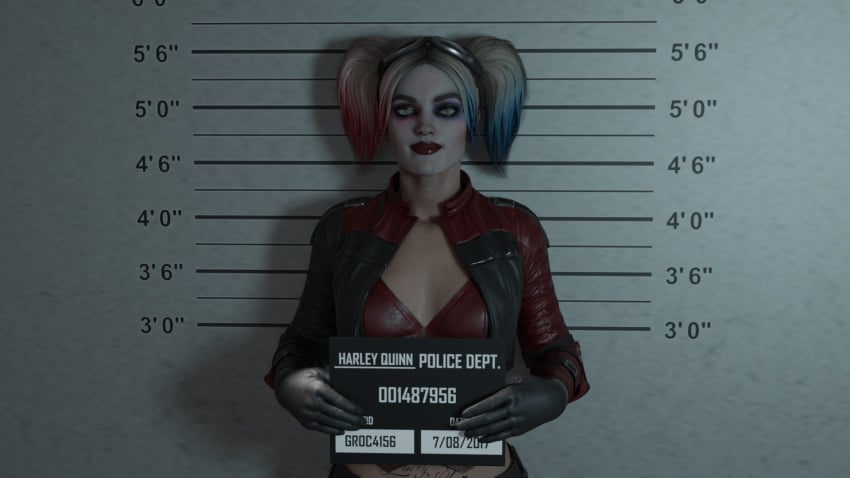 1girls 3d batman_(series) blonde_hair dc dc_comics female female_only fully_clothed green_eyes harley_quinn harley_quinn_(injustice) injustice_2 makeup mugshot slarkyss solo