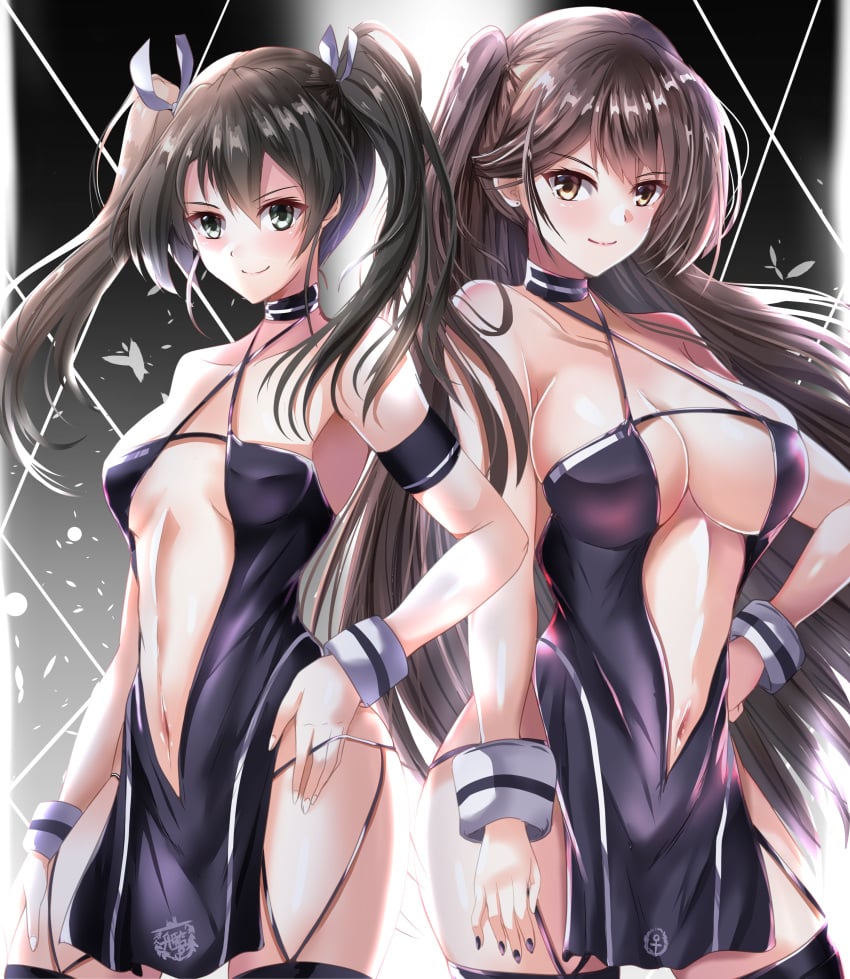 2girls absurdres azur_lane back-to-back bangs bare_shoulders breasts brown_hair cleavage cosplay criss-cross_halter crossover dress eyebrows_visible_through_hair hair_ribbon halterneck high_ponytail highres kantai_collection kentan_(kingtaiki) large_breasts long_hair matching_outfit multiple_girls namesake navel official_alternate_costume ponytail race_queen ribbon side_ponytail small_breasts smile thighhighs twintails very_long_hair yellow_eyes zuikaku_(azur_lane) zuikaku_(azur_lane)_(cosplay) zuikaku_(kantai_collection) zuikaku_(the_wind's_true_name)_(azur_lane)