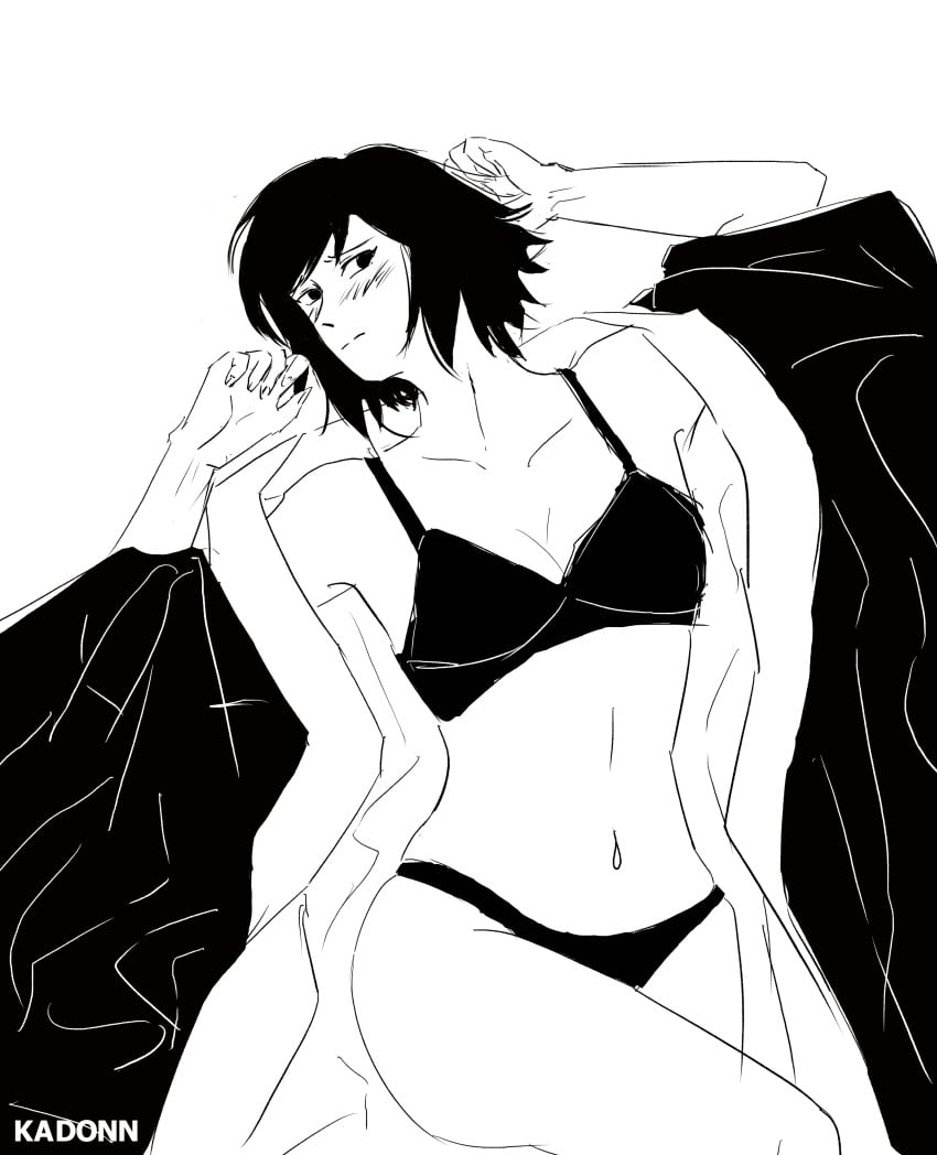 1girls bare_legs bare_shoulders before_sex black_eyes black_hair blush bra breasts cleavage curvaceous curvy curvy_female curvy_figure embarrassed female female_only kadonn kimono long_hair lying lying_on_back monochrome naruto naruto_(series) naruto_shippuden open_clothes panties shizune shoulder_length_hair solo solo_focus underwear w_arms wide_hips