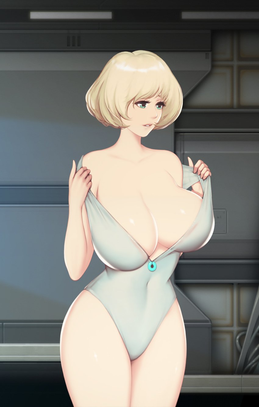 1girls alien_quest_eve blonde_hair breasts clothes curvaceous curvy curvy_figure ellen_(alien_quest_eve) game huge_breasts medium_hair screenshot_edit short_hair smile thick_thighs tiptoes turquoise_eyes wide_hips