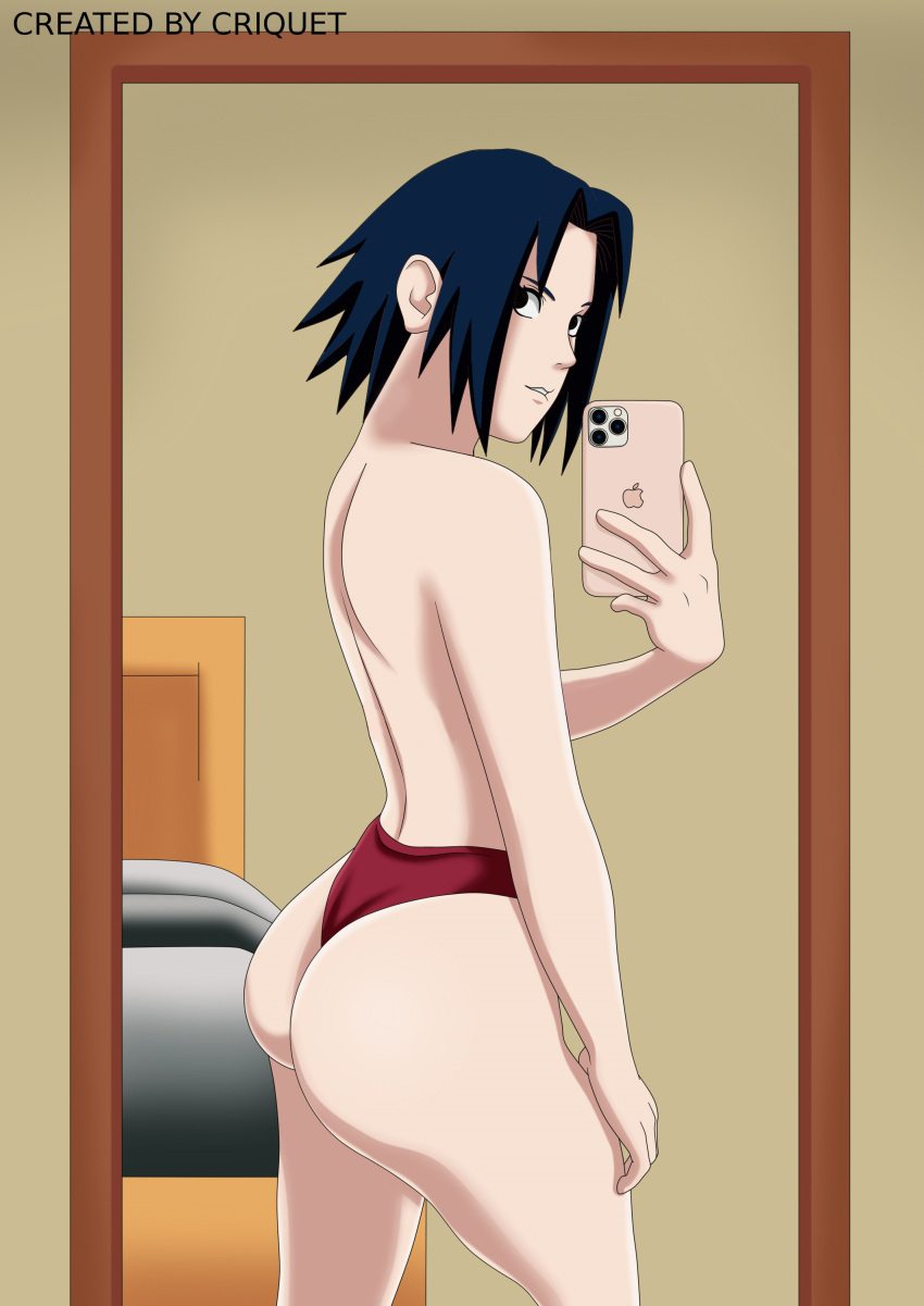 1boy ass ass_focus big_ass big_butt criquet edit femboy iphone looking_back male_focus male_only naruto naruto_(series) naruto_shippuden panties phone sasuke_uchiha selfie solo_male taking_picture third-party_edit