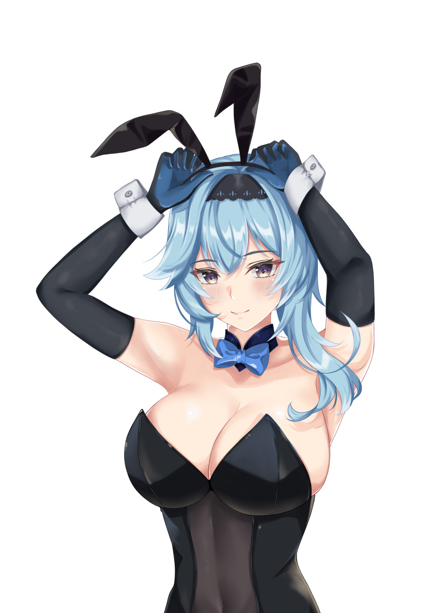 1girls abs absurd_res armpits arms_up bangs belly_button big_breasts blue_hair blush bowtie breasts bunny_ears bunny_girl bunnysuit cleavage cuffs elbow_gloves eula_(genshin_impact) female genshin_impact gloves headband hi_res highres huge_breasts kitsun8 large_breasts leotard looking_at_viewer midriff purple_eyes see-through see-through_clothing short_hair slim_waist small_waist smile solo tight_clothing transparent_bunnysuit waist