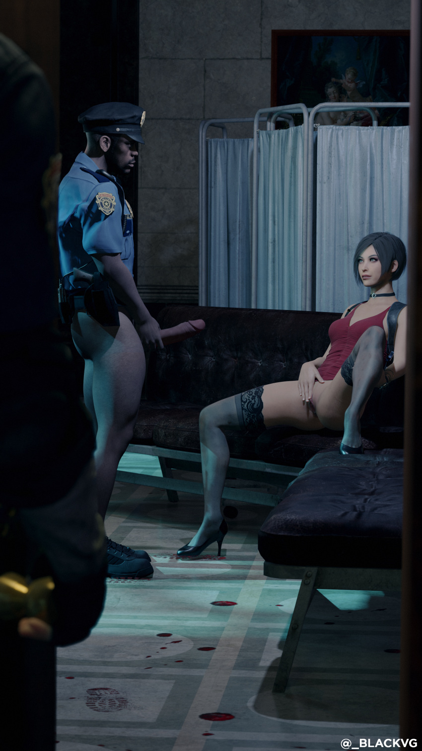 1girls 2boys 3d ada_wong ada_wong_(adriana) black_hair bottomless bottomless_male capcom caught_in_the_act choker dark-skinned_male dark_skin female hand_on_pussy huge_cock huge_penis imminent_penetration imminent_sex interracial legs_apart leon_scott_kennedy light-skinned_female light_skin male marvin_branagh missed_call pale-skinned_female pale_skin penis penis_out police police_hat police_officer police_uniform resident_evil resident_evil_2 resident_evil_2_remake short_hair spread_legs thighhighs umbrella_rpd voyeur