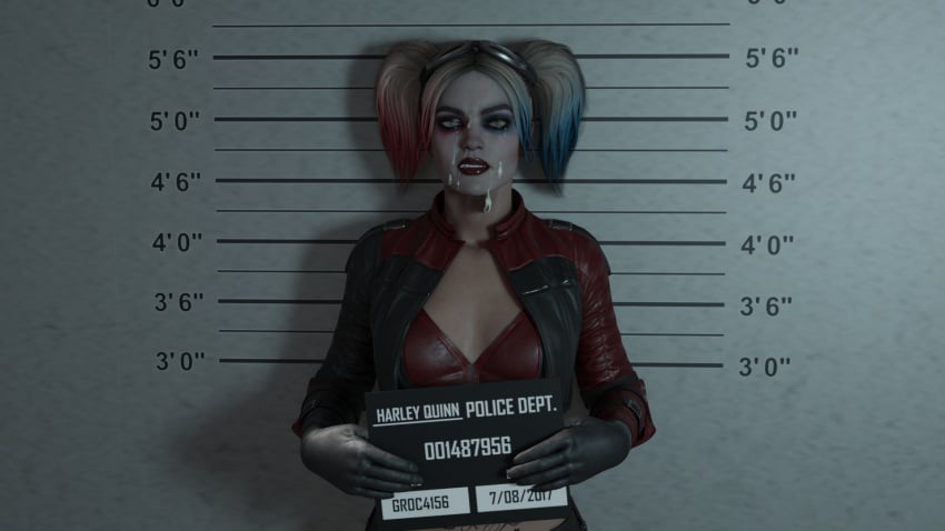 1girls 3d after_sex batman_(series) blonde_hair cum dc dc_comics facial female female_only fully_clothed green_eyes harley_quinn harley_quinn_(injustice) injustice_2 makeup mugshot slarkyss solo