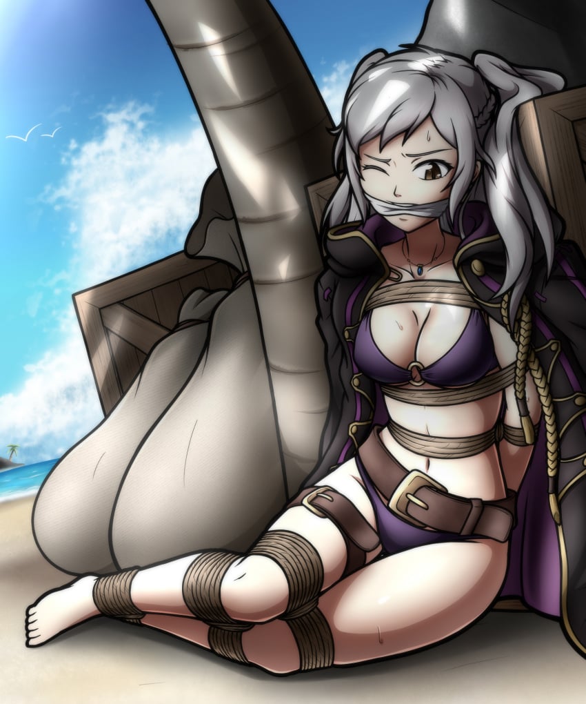 1girls alternate_costume bare_legs bikini bondage brown_eyes cleavage femsub fire_emblem fire_emblem_awakening fire_emblem_heroes gag grey_hair improvised_gag magnolia-baillon nintendo o-ring o-ring_bikini official_alternate_costume purple_bikini purple_swimsuit restrained robin_(female)_(summer)_(fire_emblem) robin_(fire_emblem) robin_(fire_emblem)_(female) swimsuit tied_up