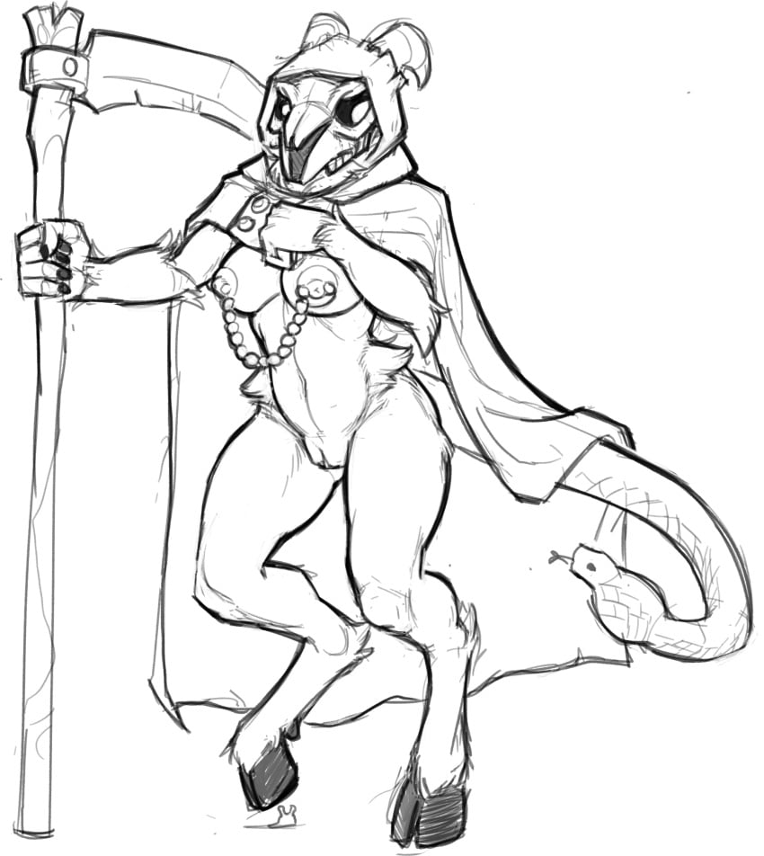 2021 anthro bone bovid caprine chains cloak_only demon elbow_tufts female fist genitals goat hi_res holding_object holding_weapon hooves horn hybrid jewelry lakeslug living_tail looking_down mammal melee_weapon nipple_piercing nipples piercing polearm pussy reptile scalie scythe simple_background skull skull_head snake snake_tail solo unusual_anatomy unusual_tail weapon white_background