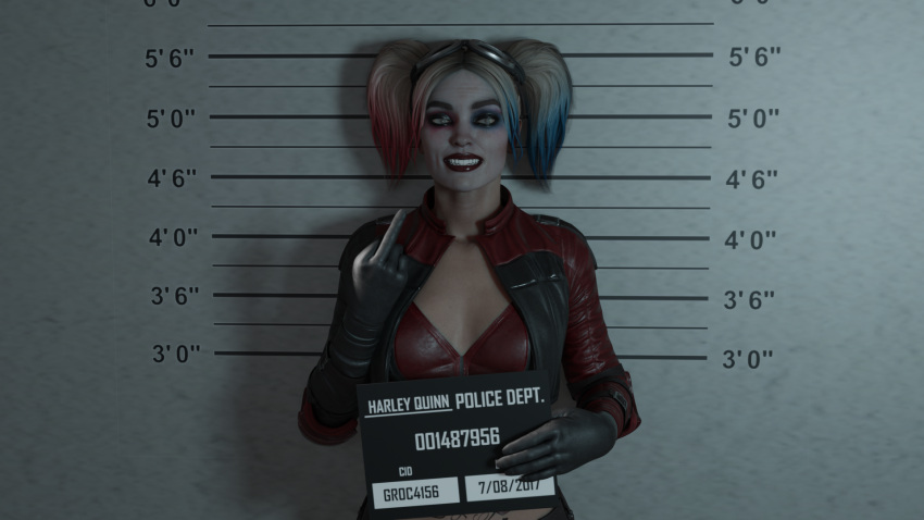 1girls 3d batman_(series) blonde_hair dc dc_comics female female_only fully_clothed green_eyes harley_quinn harley_quinn_(injustice) injustice_2 makeup mugshot slarkyss solo