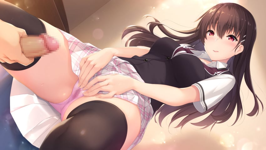 1boy bangs black_legwear black_vest blush boku_no_mirai_wa_koi_to_kakin_to breasts brown_hair censored closed_mouth collared_shirt eyebrows_visible_through_hair female from_below game_cg hair_between_eyes hair_ornament hairclip highres lens_flare long_hair medium_breasts miniskirt mosaic_censoring nironiro panties penis pink_panties plaid plaid_skirt pleated_skirt red_eyes shiny shiny_hair shirt short_sleeves skirt smile solo_focus stained_panties straight straight_hair thighhighs underwear very_long_hair vest wataya_azusa white_shirt white_skirt wing_collar