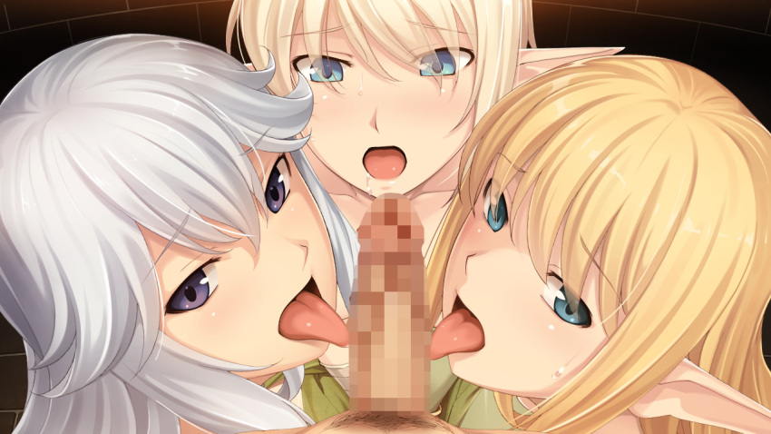 3girls bangs blonde_hair blue_eyes catherin_audran censored elf eyebrows_visible_through_hair eyes_visible_through_hair fellatio foursome game_cg hair_between_eyes indoors judith_yulentinus licking licking_penis long_hair looking_at_viewer looking_up male_pubic_hair mosaic_censoring multiple_girls oral penis pointy_ears pov pubic_hair purple_eyes sakurajima_saromako shiny shiny_hair silver_hair tetsu_to_ra tongue tongue_out