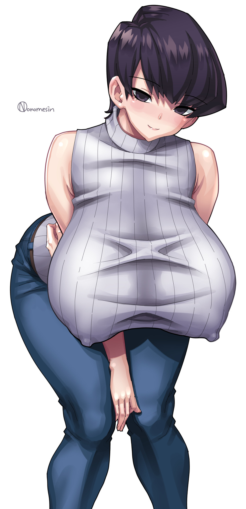 1girls absurd_res bending_forward bent_over big_breasts black_eyes black_hair blush breasts clothed clothing crossed_arms hand_on_leg hi_res jeans komi-san_wa_komyushou_desu komi_shuuko large_breasts looking_at_viewer milf nipple_bulge nipples onomeshin short_hair simple_background skin_tight sleeveless smile solo sweater sweater_puppies turtleneck watermark white_background