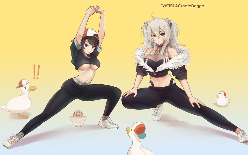 2girls animal_ears ass big_breasts breasts cap duck duo exercise female female_only greatodoggo hololive hololive_gen_2 hololive_gen_5 hololive_japan looking_at_viewer midriff oozora_subaru shishiro_botan shoes shuba_duck skin_tight sneakers stretching thick_thighs tight_clothing underboob virtual_youtuber white_hair workout yoga_pants