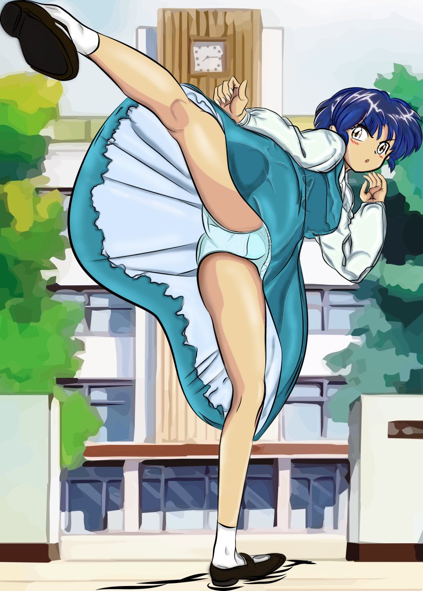 akane_tendo blue_hair clothing female flats kicking martial_arts_pose mary_janes panties ranma_1/2 school_uniform solo upskirt zaffron