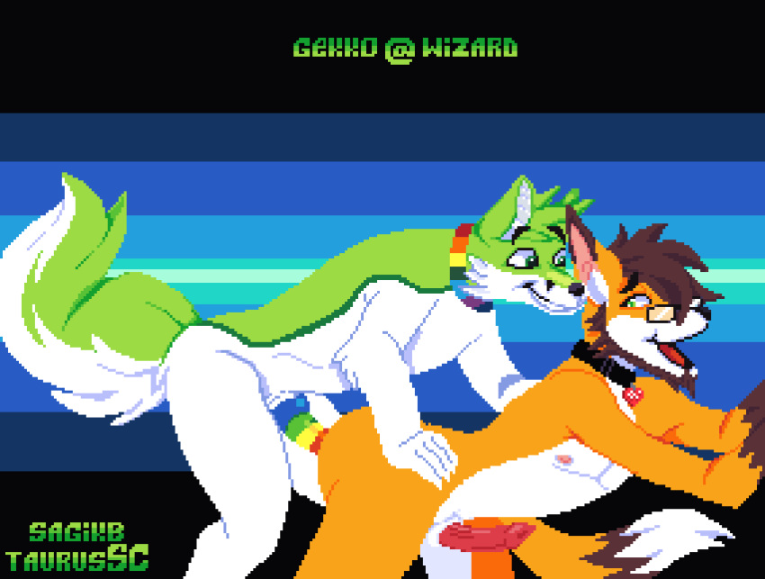 anal anal_sex animated anthro anthro_on_anthro balls beard black_nose bodily_fluids canid canine collar digital_media_(artwork) duo erection eyewear facial_hair fidget_the_fox fox fur gekkowizard genital_fluids genitals gif glasses green_body green_eyes green_fur hair male male/male male_penetrated male_penetrating male_penetrating_male mammal multicolored_penis nipples nude penetration penis pixel_art rainbow_penis ramaelfox sex simple_background smile tongue white_body white_fur