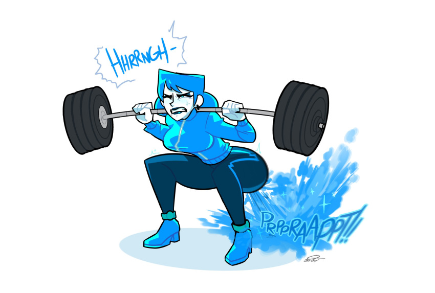 1girls big_ass big_breasts blush exercise fart fart_cloud fart_fetish fully_clothed grunting lifting_weights oddtenn onomatopoeia simple_background solo squatting sugar_(lolotron6) tenuousoddity thick_thighs unusual_fart white_background