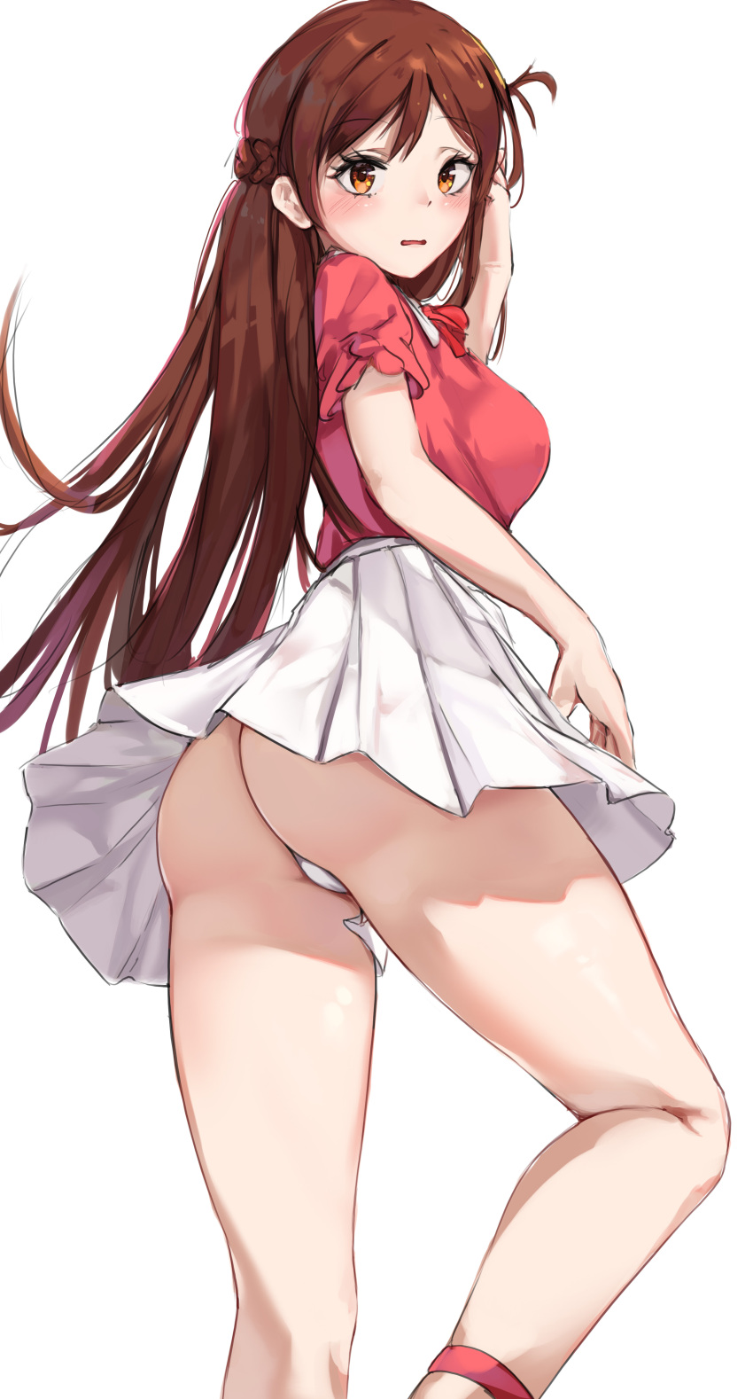 1girls absurd_res anklet ass blouse braid breasts brown_eyes brown_hair feet_out_of_frame female fully_clothed hi_res jewelry kanojo_okarishimasu kilalesi large_breasts legs long_hair long_legs mizuhara_chizuru panties pantyshot pantyshot_(standing) pleated_skirt red_blouse short_sleeves skirt skirt_lift solo standing thong thong_panties tied_hair underwear upskirt white_background white_panties white_skirt white_underwear