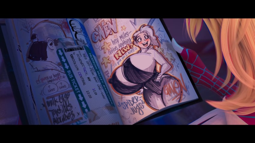 accurate_art_style big_breasts blush breasts_bigger_than_head canonical_scene caption gwen_art_check gwen_stacy huge_breasts looking_at_viewer marvel marvel_comics meme screenshot screenshot_edit spider-gwen spider-man:_across_the_spider-verse spider-man:_into_the_spider-verse spider-man_(series) thick_thighs woot