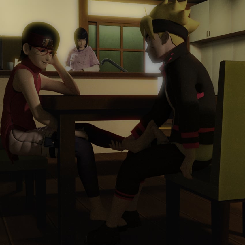 3d boruto:_naruto_next_generations clothed clothing feet footjob footjob_under_table hiding hyuuga_hinata naruto naruto_(series) naruto_shippuden noobanimator sarada_uchiha secret stealth_sex table toes toes_spread under_the_table uzumaki_boruto