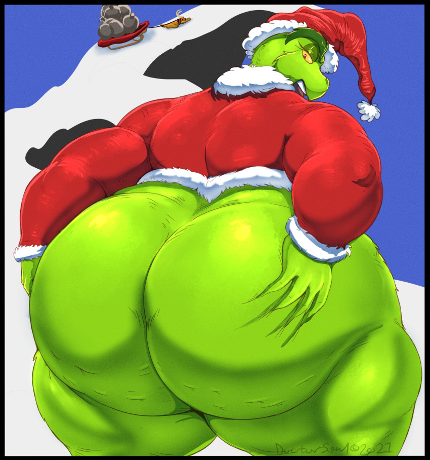 antlers ass ass_grab big_ass big_butt blue_sky bottom_heavy bottomless bottomless_male butt_grab canid canine cellulite christmas christmas_clothing christmas_headwear clothed clothing costume dr_seuss eyebrows eyelashes feral fur green_body green_fur grinch hand_on_ass hand_on_butt hat headgear headwear hi_res holidays horn how_the_grinch_stole_christmas huge_ass huge_butt huge_thighs humanoid looking_back male male_only mammal mountain muscular muscular_male open_mouth red_eyes santa_costume santa_hat sky sled snow solo solo_male soulman1 superchub text thick_eyebrows thick_eyelashes thick_thighs yellow_sclera