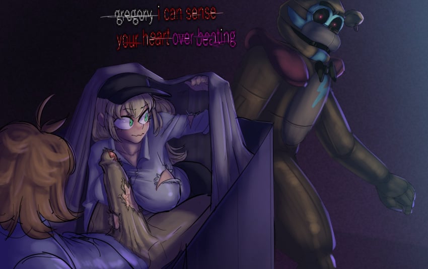 1girls 2boys aged_up animatronic blonde_hair breasts bulge cock colored female_human five_nights_at_freddy's five_nights_at_freddy's:_security_breach glamrock_freddy_(fnaf) green_eyes gregory_(fnaf) huge_cock human large_breasts lord_moku male_human paizuri ponytail red_eyes security_guard tenting text vanessa_(fnaf)