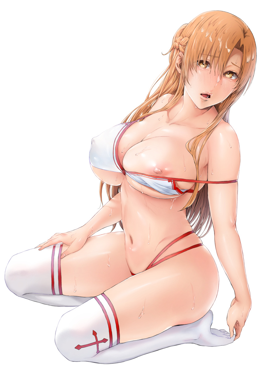 absurdres bikini blonde_hair blush border braid breasts commentary_request female french_braid highres ken-1 long_hair looking_at_viewer nipples no_shoes one_breast_out open_mouth parted_lips seiza simple_background sitting solo sweat swimsuit sword_art_online thighhighs white_background white_bikini white_legwear yellow_eyes yuuki_asuna