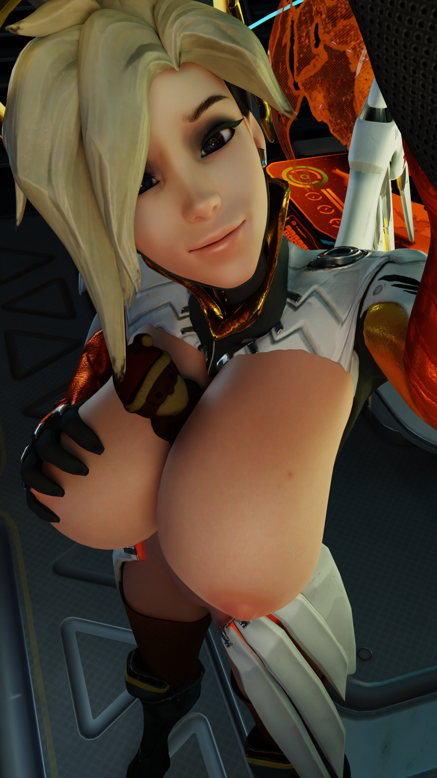 3d areolae blonde_hair breasts bunnychant face female female_only grabbing grabbing_own_breast image mercy nipples nude overwatch pleasure_face pleasured selfie solo solo_focus tagme url