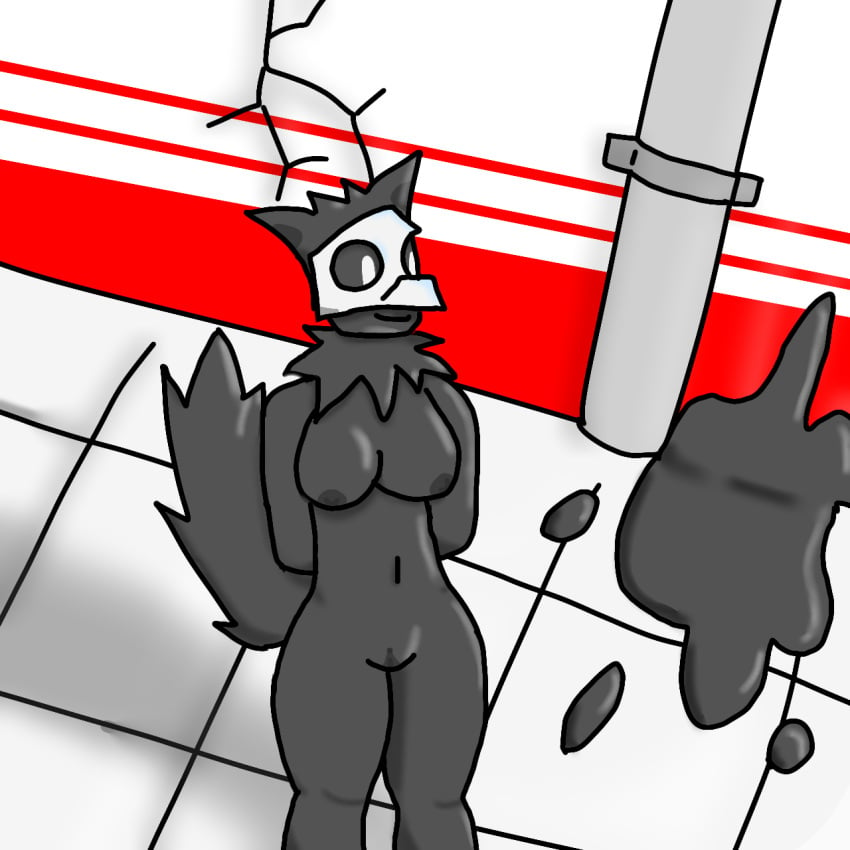 anthro big_breasts black_body breasts canid canine canis changed_(video_game) detailed_background female female_puro genitals hi_res latex mammal mask mister_redintong puro_(changed) pussy rule_63 skull_mask solo standing thick_thighs white_eyes wolf