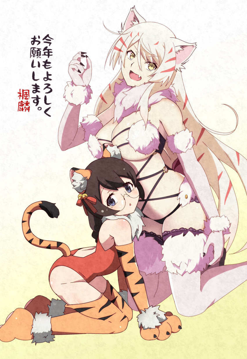 2girls big_ass big_breasts bikini black_hair black_hanekawa cat_ears catgirls glasses gloves hanekawa_tsubasa monogatari_(series) tail tiger white_hair