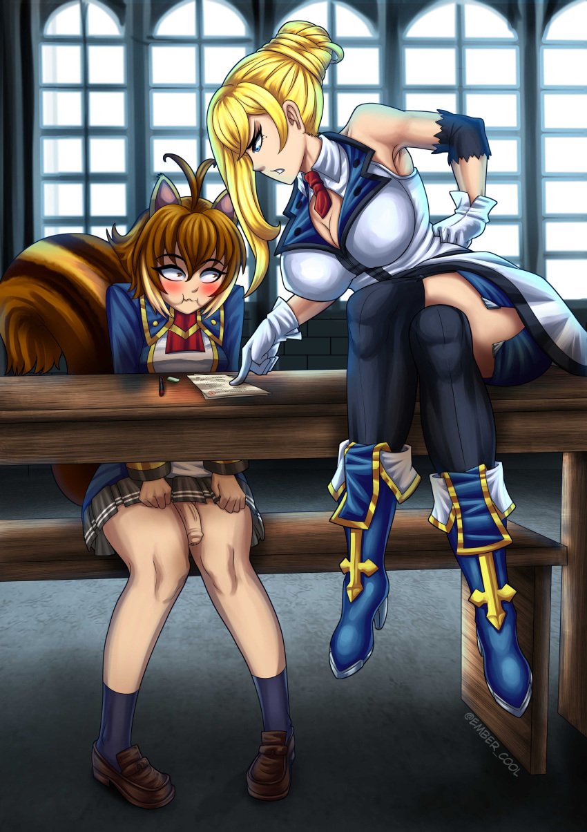 1futa 1girls animal_ears big_breasts blazblue blazblue_remix_heart blush breasts classroom clothed clothing desk distracted duo ember_cool estella_mckenzie female fluffy_tail foreskin fully_clothed futanari hiding_penis human humanoid humanoid_penis intact kemonomimi light-skinned_female light-skinned_futanari light_skin makoto_nanaya mostly_clothed ms._emma pale_skin penis scolding semi-erect sitting staring_at_breasts student student-teacher teacher teacher_and_student uncut unretracted_foreskin veiny_penis