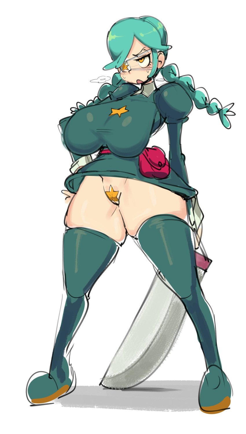 1girls annie_(skullgirls) big_breasts blush boots breasts cham22 chamchami covered_pussy doodle eye_patch female green_hair huge_breasts medium_hair miniskirt orange_eyes skirt skullgirls solo standing sweat sword thick_thighs thigh_gap twin_braids white_background wide_hips