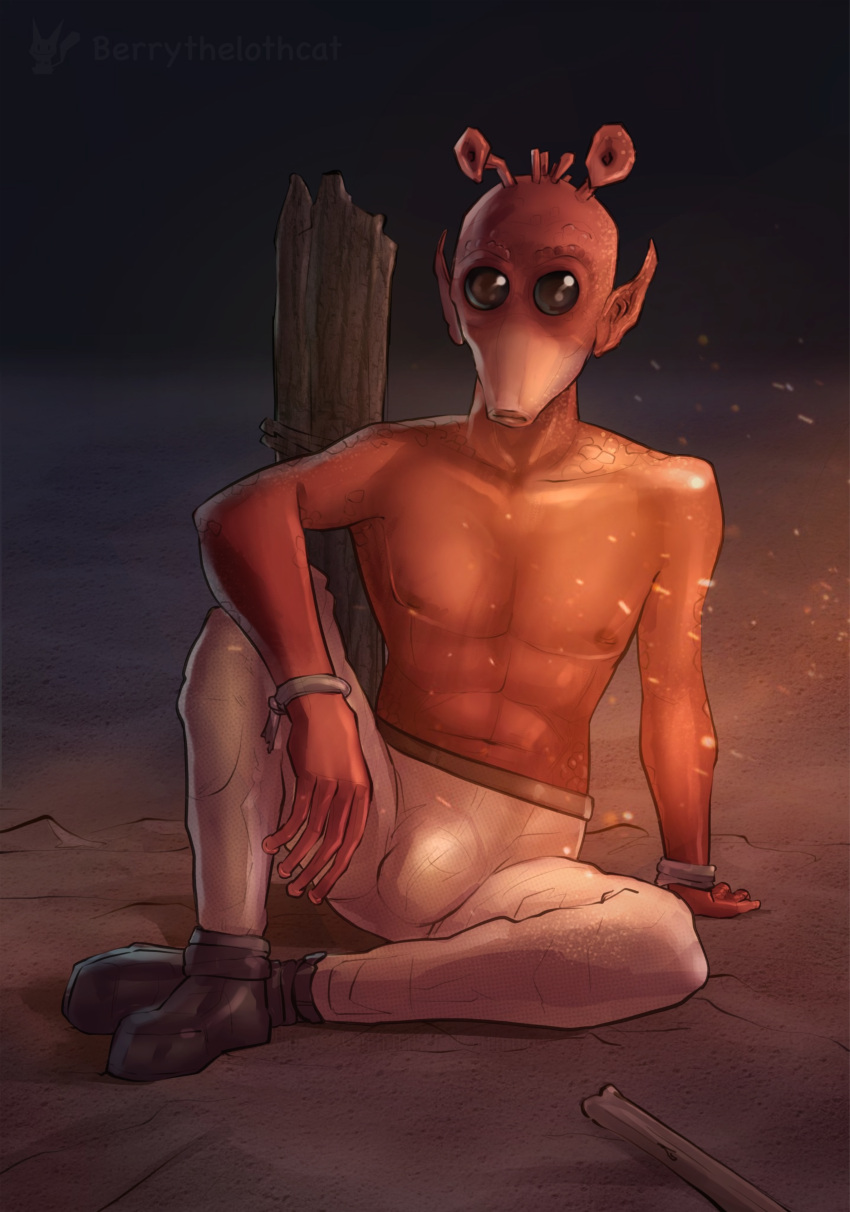 1boy abs alien alien_humanoid armband armwear balls berrythelothcat black_eyes clothed clothing ears erection footwear front_view genitals hi_res humanoid long_ears looking_at_viewer male male_only night nipples on_ground orange_body pants partially_clothed rodian sand shoes sitting solo sparks star_wars stick tatooine the_book_of_boba_fett topless topless_male unidentified_rodian_prisoner