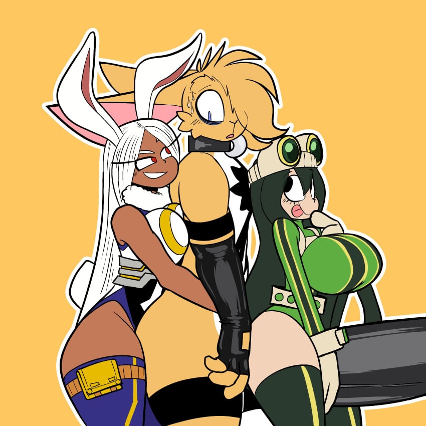 0r0 1boy 2girls anthro bags_under_eyes breasts clothing dark-skinned_female dark_skin female femboy femboy_on_female hero_outfit_(mha) huge_breasts hyper hyper_penis light-skinned_female light_skin male male_anthro miruko my_hero_academia neckwear qqlettuce rumi_usagiyama straight thick_thighs tsuyu_asui