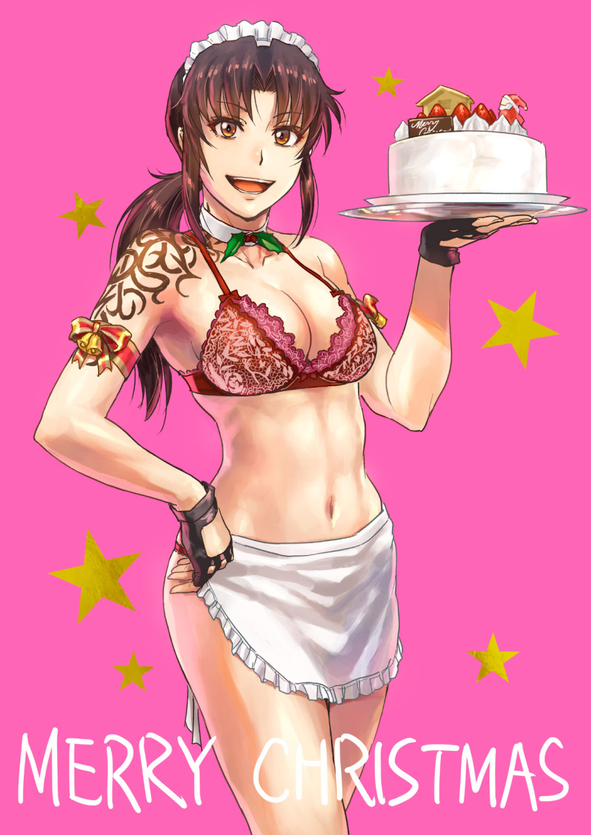 1girls azasuke bell black_lagoon bra brown_hair cake christmas cleavage female female_only fingerless_gloves lingerie long_hair maid_headdress mistletoe navel panties ponytail revy ribbon shoulder_tattoo solo tattoo underwear yellow_eyes