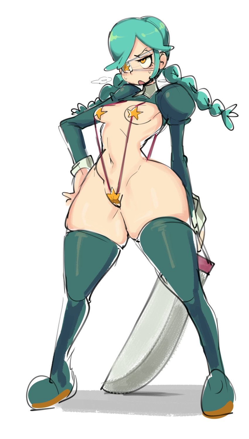 1girls annie_(skullgirls) blush boots breasts cham22 chamchami covered_nipples covered_pussy doodle eye_patch female green_hair medium_hair orange_eyes skullgirls small_breasts solo standing sweat sword thick_thighs thigh_gap twin_braids white_background wide_hips